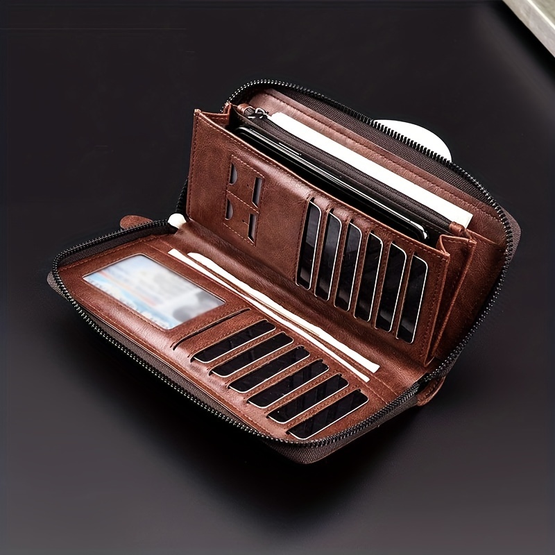 Leather Work Bag Men - Cartera larga con cremallera para hombre,